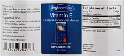 Photo of the Allergy Research Group Vitamin E label