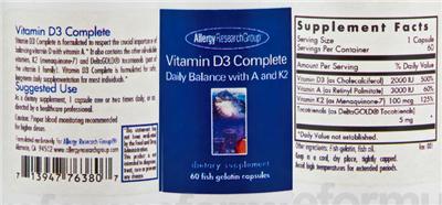 Photo of the Allergy Research Group Vitamin D3 Complete label
