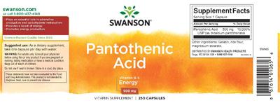 Photo of the Swanson Pantothenic Acid 500 mg label