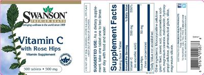 Photo of the Swanson Premium Brand Vitamin C with Rose Hips 500 mg label
