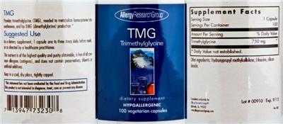 Photo of the Allergy Research Group TMG label
