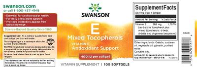 Photo of the Swanson E Mixed Tocopherols 400 IU label