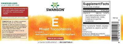 Photo of the Swanson E Mixed Tocopherols 400 IU label