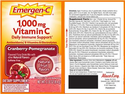 Photo of the Emergen-C 1,000 mg Vitamin C Cranberry-Pomegranate label