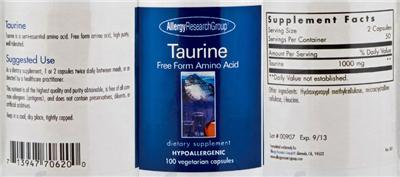 Photo of the Allergy Research Group Taurine Free Form Amino Acid label