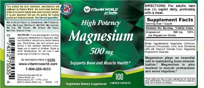 Photo of the Vitamin World High Potency Magnesium 500 mg label