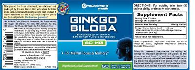 Photo of the Vitamin World Ginkgo Biloba Standardized Extract 60 mg label
