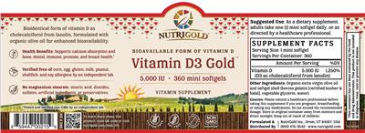 Photo of the NutriGold Vitamin D3 Gold 5,000 IU label