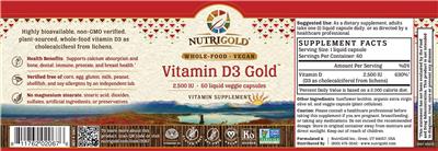 Photo of the NutriGold Vitamin D3 Gold 2,500 IU label