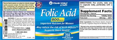 Photo of the Vitamin World Folic Acid 800 mcg label