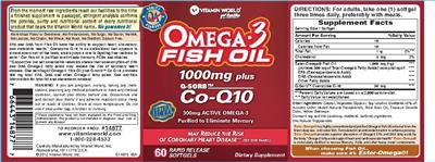 Photo of the Vitamin World Omega-3 Fish Oil 1000 mg Plus Q-Sorb Co-Q10 label