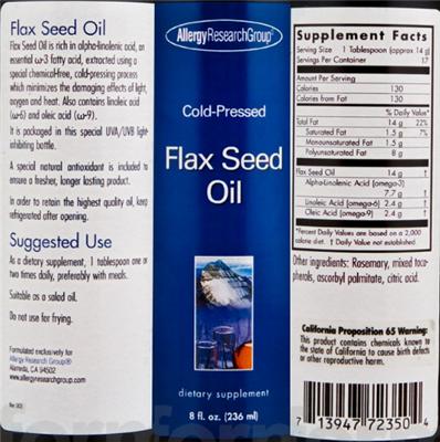 Photo of the Allergy Research Group Flax Seed Oil label