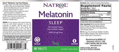 Photo of the Natrol Melatonin 1 mg Time Release label
