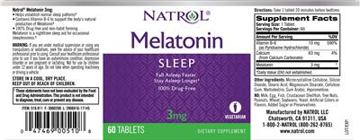 Photo of the Natrol Melatonin 3 mg label