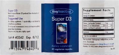 Photo of the Allergy Research Group Super D3 label
