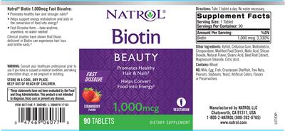 Photo of the Natrol Biotin 1,000 mcg Fast Dissolve Strawberry Flavor label