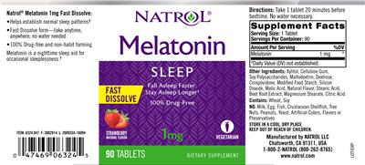 Photo of the Natrol Melatonin 1 mg Fast Dissolve Strawberry Natural Flavor label