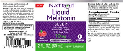 Photo of the Natrol Liquid Melatonin 10 mg Berry Natural Flavor label