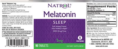 Photo of the Natrol Melatonin 1 mg label