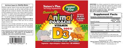 Photo of the Nature's Plus Source of Life Animal Parade Vitamin D3 500 IU Natural Black Cherry Flavor label