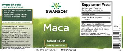Photo of the Swanson Maca 500 mg label