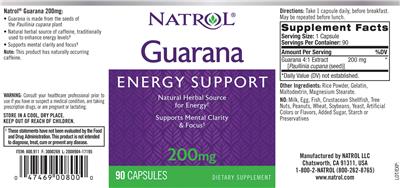 Photo of the Natrol Guarana 200 mg label