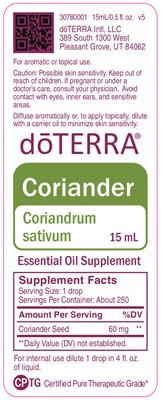 Photo of the doTERRA Coriander label