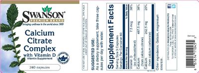 Photo of the Swanson Premium Brand Calcium Citrate Complex with Vitamin D label