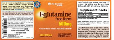 Photo of the Vitamin World L-Glutamine 500 mg label