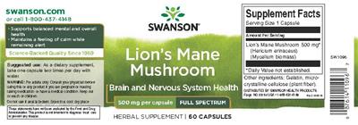 Photo of the Swanson Lion's Mane Mushroom 500 mg Full Spectrum label