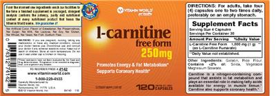 Photo of the Vitamin World L-Carnitine 250 mg label