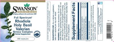 Photo of the Swanson Premium Brand Full Spectrum Rhodiola Holy Basil Valerian Stress Complex label