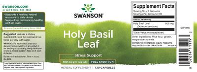 Photo of the Swanson Holy Basil Leaf 400 mg Full Spectrum label
