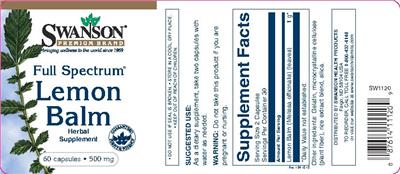 Product label for Full Spectrum Lemon Balm 500 mg
