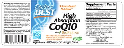 Photo of the Doctor's Best High Absorption CoQ10 400 mg with BioPerine label