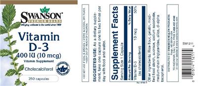 Photo of the Swanson Premium Brand Vitamin D-3 10 mcg label