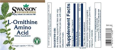 Photo of the Swanson Premium Brand L-Ornithine Amino Acid 500 mg label