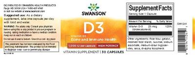 Photo of the Swanson D3 1,000 IU High Potency label