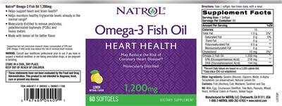 Photo of the Natrol Omega-3 Fish Oil 1,200 mg Lemon Natural Flavor label