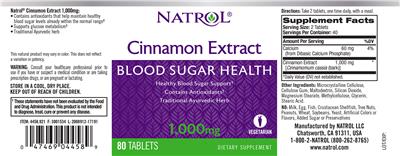 Photo of the Natrol Cinnamon Extract 1,000 mg label
