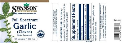 Photo of the Swanson Premium Brand Full Spectrum Garlic (Cloves) 400 mg label