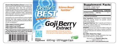 Photo of the Doctor's Best Goji Berry Extract 600 mg label