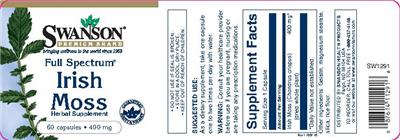 Photo of the Swanson Premium Brand Full Spectrum Irish Moss 400 mg label