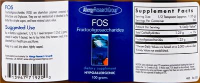 Photo of the Allergy Research Group FOS Fructooligosaccharides label