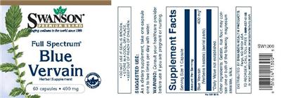 Photo of the Swanson Premium Brand Full Spectrum Blue Vervain 400 mg label