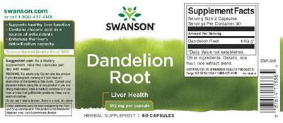 Photo of the Swanson Dandelion Root 515 mg label