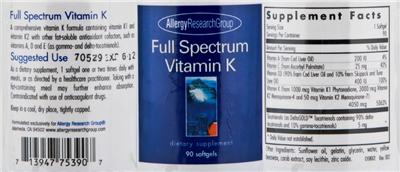 Photo of the Allergy Research Group Full Spectrum Vitamin K label