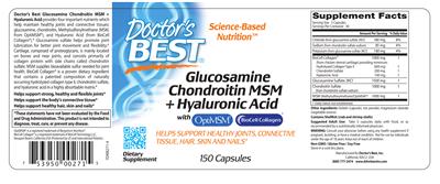 Photo of the Doctor's Best Glucosamine Chondroitin MSM + Hyaluronic Acid label