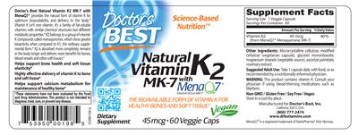 Photo of the Doctor's Best Natural Vitamin K2 MK-7 with MenaQ7 45 mcg label