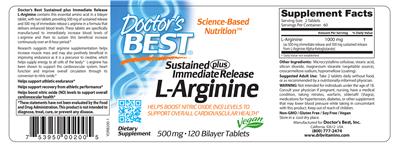 Photo of the Doctor's Best Sustained plus Immediate Release L-Arginine 500 mg label
